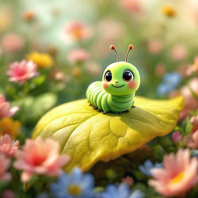 The primary subject of the image is a cute, colorful, and cartoonish green caterpillar sitting on a yellow leaf. The setting is a flower garden, with a variety of flowers surrounding the caterpillar. The visual style is a combination of photo and digital art, creating a whimsical and playful atmosphere. The colors and mood are vibrant and cheerful, with the caterpillar being the main focus of the scene.